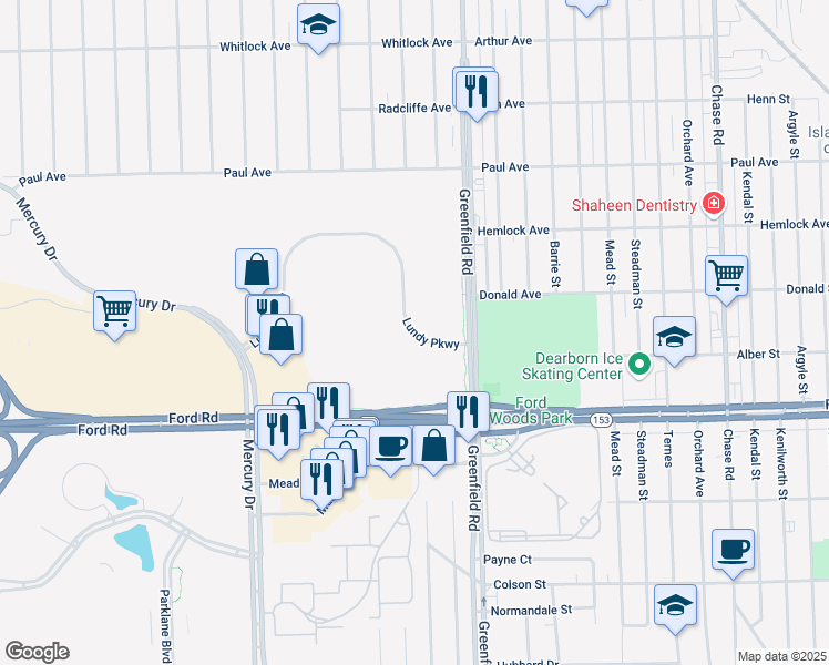 map of restaurants, bars, coffee shops, grocery stores, and more near 15575 Lundy Parkway in Dearborn
