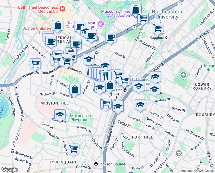 map of restaurants, bars, coffee shops, grocery stores, and more near in Boston