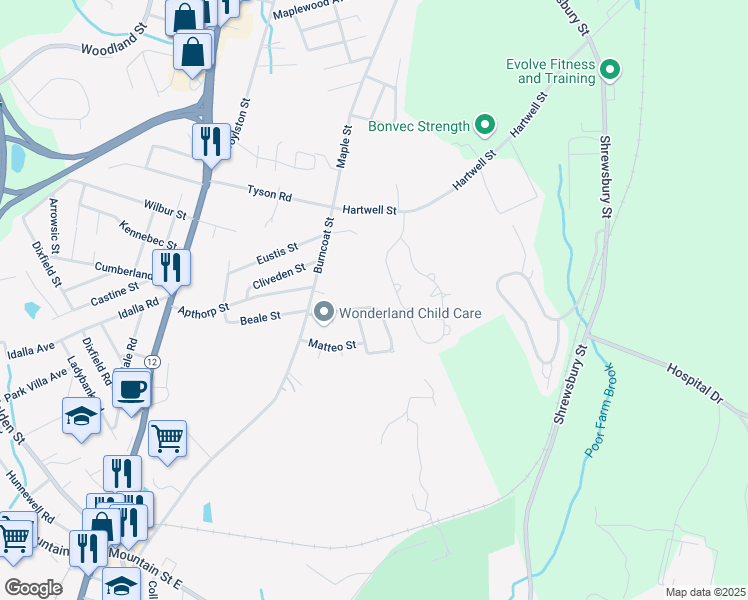 map of restaurants, bars, coffee shops, grocery stores, and more near 31 Santoro Road in Worcester
