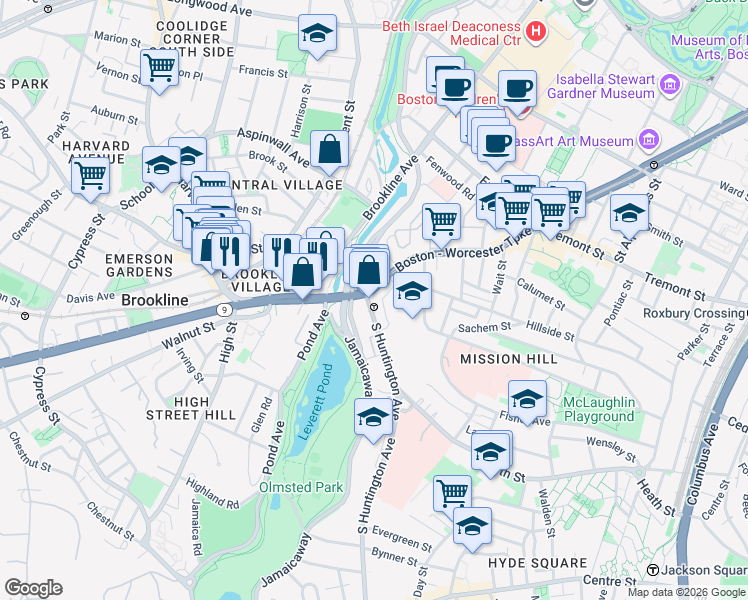 map of restaurants, bars, coffee shops, grocery stores, and more near 25-25A South Huntington Avenue in Boston