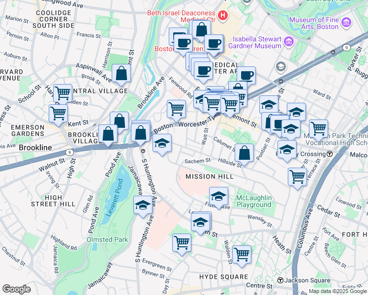 map of restaurants, bars, coffee shops, grocery stores, and more near 168 Hillside Street in Boston