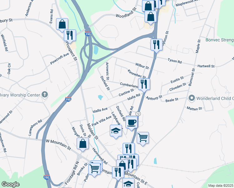 map of restaurants, bars, coffee shops, grocery stores, and more near 46 Castine Street in Worcester