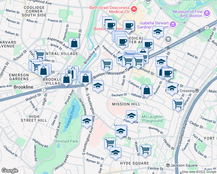 map of restaurants, bars, coffee shops, grocery stores, and more near 11 Sunset Street in Boston