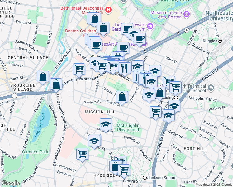 map of restaurants, bars, coffee shops, grocery stores, and more near 101 Calumet Street in Boston