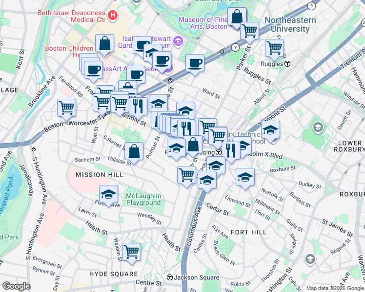 map of restaurants, bars, coffee shops, grocery stores, and more near 1482 Tremont Street in Boston