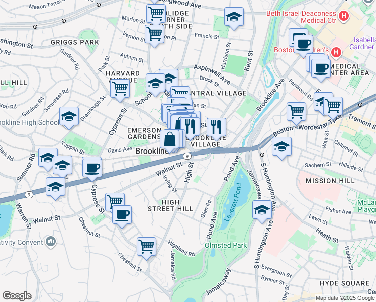 map of restaurants, bars, coffee shops, grocery stores, and more near 9 Boylston Street in Brookline