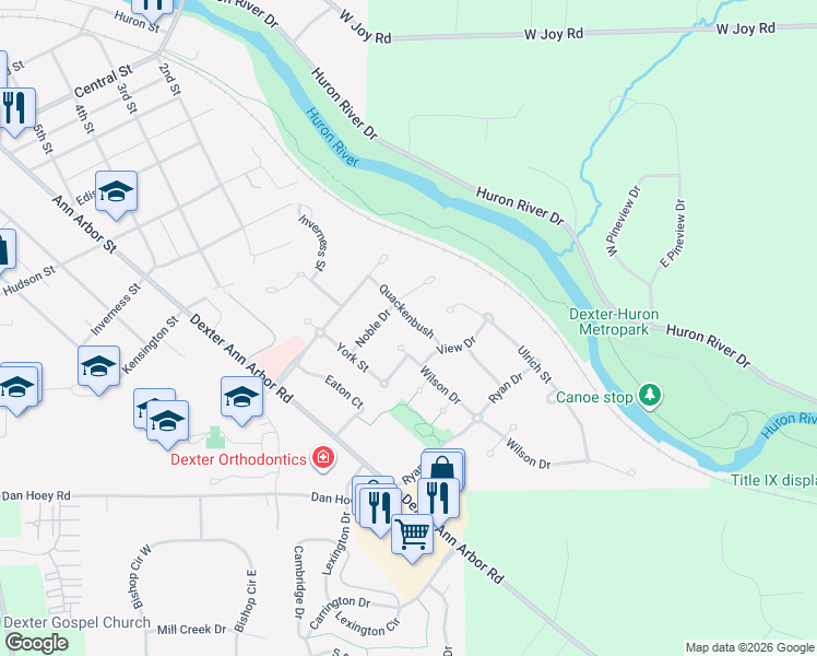 map of restaurants, bars, coffee shops, grocery stores, and more near 7226 Wilson Drive in Dexter
