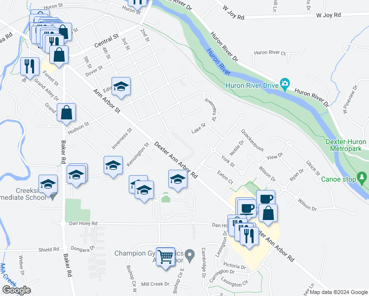 map of restaurants, bars, coffee shops, grocery stores, and more near 3435 Huron View Court in Dexter