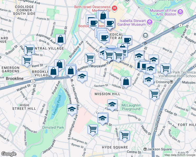 map of restaurants, bars, coffee shops, grocery stores, and more near 173 Hillside Street in Boston