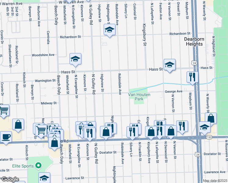 map of restaurants, bars, coffee shops, grocery stores, and more near 6090 Nightingale Street in Dearborn Heights
