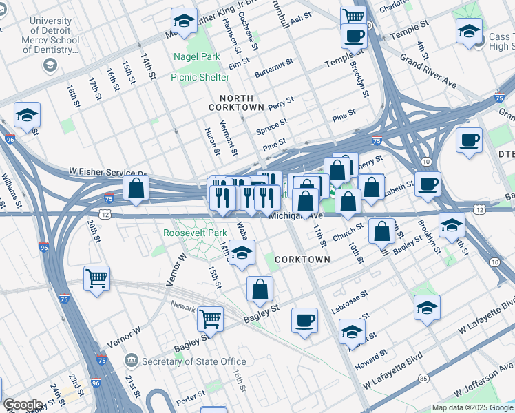 map of restaurants, bars, coffee shops, grocery stores, and more near 2356 Vermont Street in Detroit