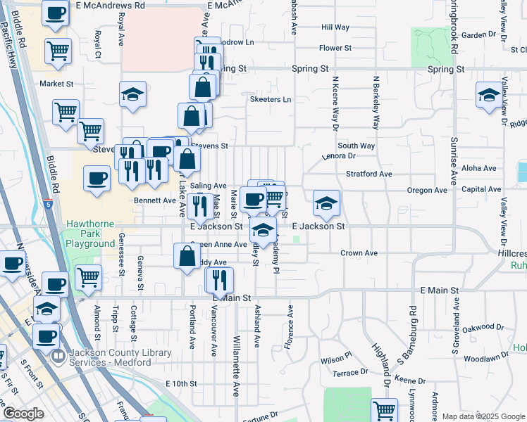 map of restaurants, bars, coffee shops, grocery stores, and more near 1123 East Jackson Street in Medford