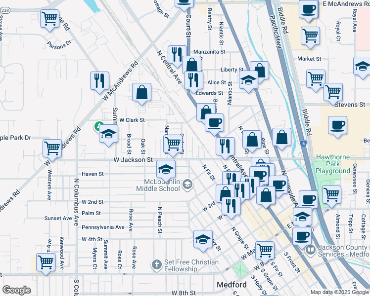 map of restaurants, bars, coffee shops, grocery stores, and more near 711 Cedar Street in Medford