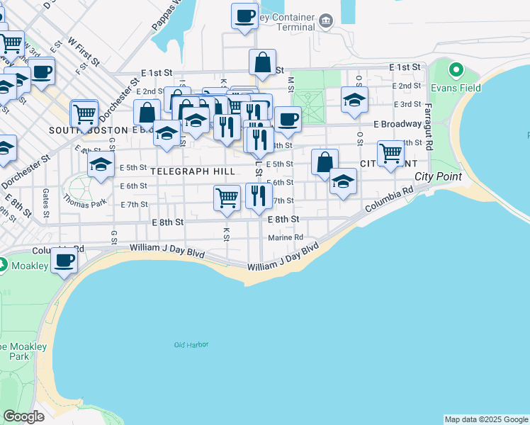 map of restaurants, bars, coffee shops, grocery stores, and more near 656 East 8th Street in Boston