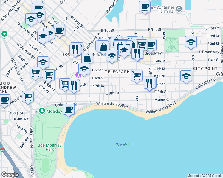 map of restaurants, bars, coffee shops, grocery stores, and more near 500-A East 8th Street in Boston