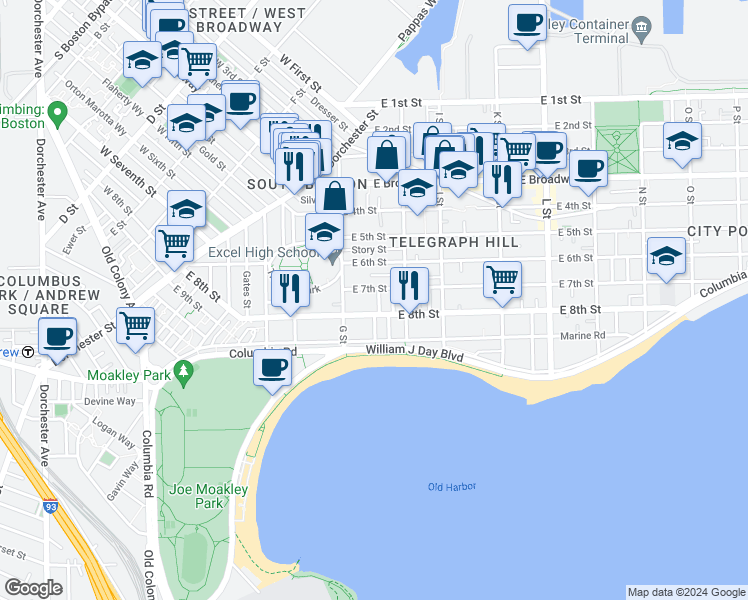 map of restaurants, bars, coffee shops, grocery stores, and more near 454 East 8th Street in Boston