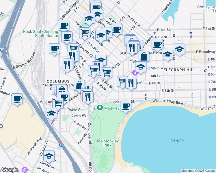 map of restaurants, bars, coffee shops, grocery stores, and more near 50 Rev Burke Street in Boston