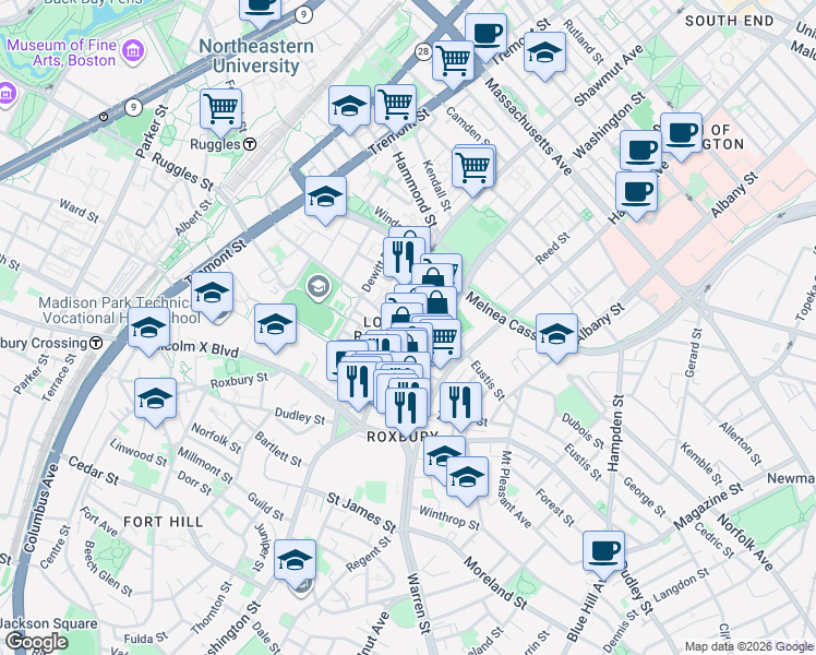 map of restaurants, bars, coffee shops, grocery stores, and more near 2249 Washington Street in Boston