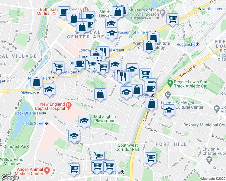 map of restaurants, bars, coffee shops, grocery stores, and more near 40 Pontiac Street in Boston