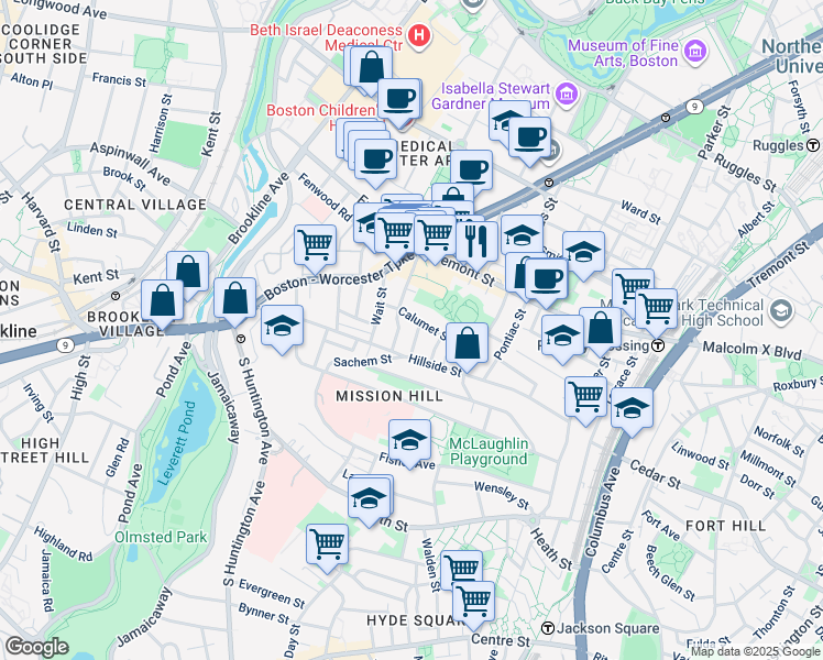 map of restaurants, bars, coffee shops, grocery stores, and more near 5 Oswald Street in Boston