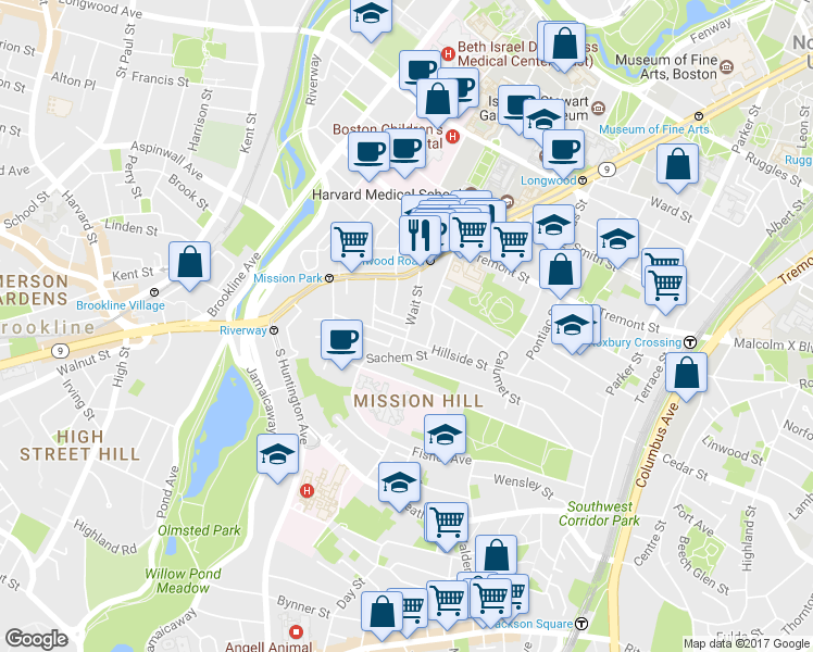 map of restaurants, bars, coffee shops, grocery stores, and more near 39 Darling Street in Boston