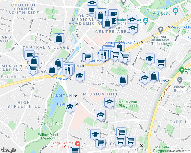 map of restaurants, bars, coffee shops, grocery stores, and more near 168 Hillside Street in Boston