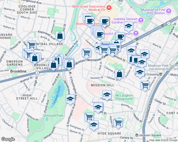 map of restaurants, bars, coffee shops, grocery stores, and more near 11 Sunset Street in Boston