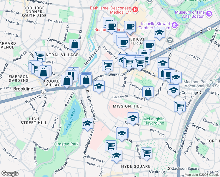 map of restaurants, bars, coffee shops, grocery stores, and more near 11 Sunset Street in Boston