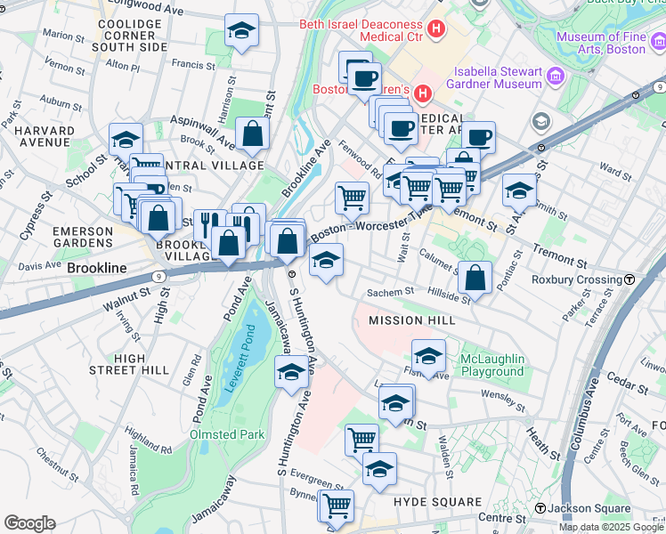 map of restaurants, bars, coffee shops, grocery stores, and more near 3 Parker Hill Terrace in Boston