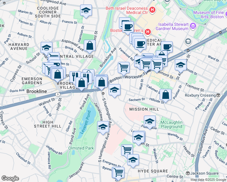 map of restaurants, bars, coffee shops, grocery stores, and more near 3 Parker Hill Terrace in Boston