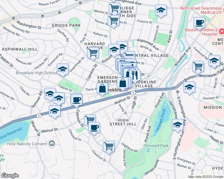 map of restaurants, bars, coffee shops, grocery stores, and more near in Brookline