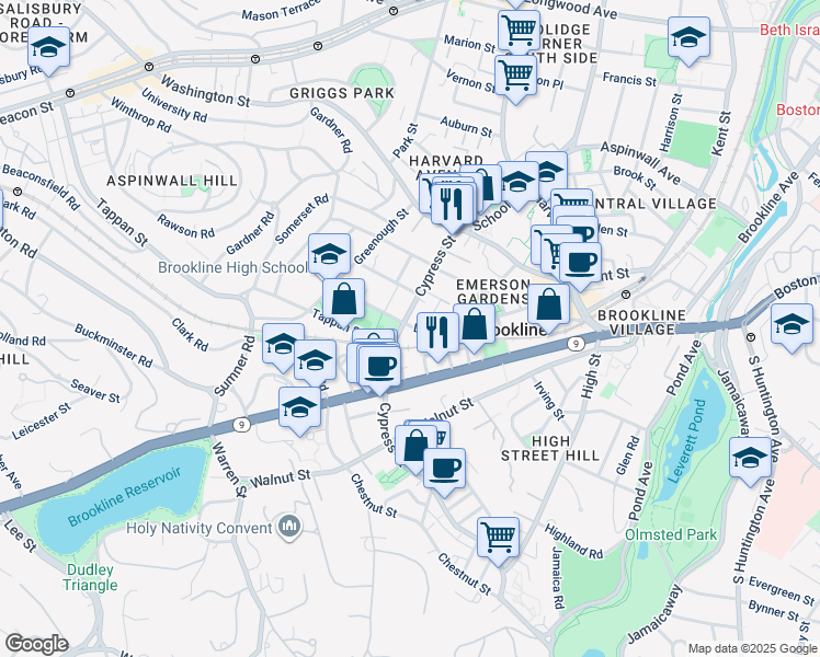map of restaurants, bars, coffee shops, grocery stores, and more near 102 Cypress Street in Brookline
