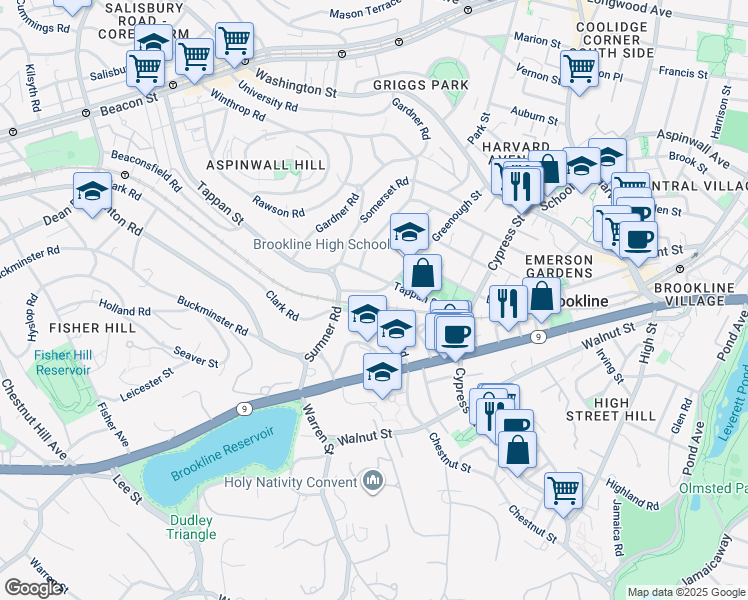 map of restaurants, bars, coffee shops, grocery stores, and more near 61 Clark Road in Brookline