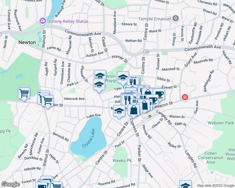 map of restaurants, bars, coffee shops, grocery stores, and more near 66 Pleasant Street in Newton