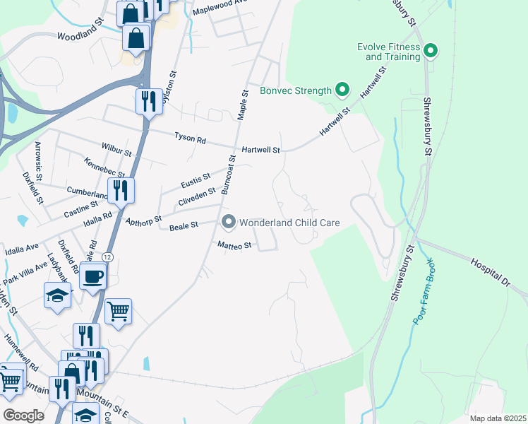 map of restaurants, bars, coffee shops, grocery stores, and more near 31 Santoro Road in Worcester