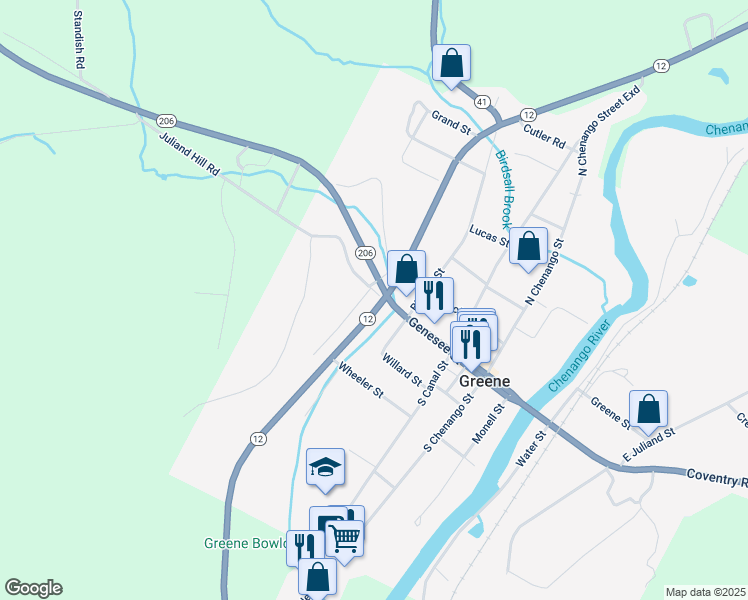 map of restaurants, bars, coffee shops, grocery stores, and more near 73 Genesee St in Greene