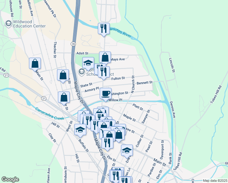 map of restaurants, bars, coffee shops, grocery stores, and more near 21 East Washington Street in Hornell