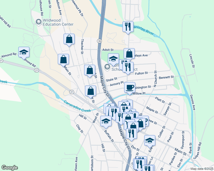 map of restaurants, bars, coffee shops, grocery stores, and more near 71 West Genesee Street in Hornell