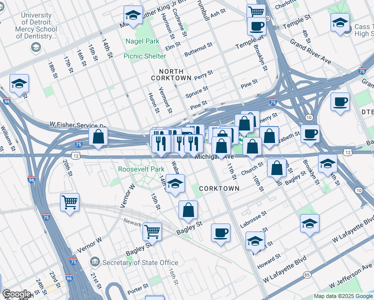 map of restaurants, bars, coffee shops, grocery stores, and more near in Detroit