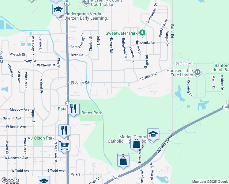 map of restaurants, bars, coffee shops, grocery stores, and more near 1534 Hickory Road in Woodstock