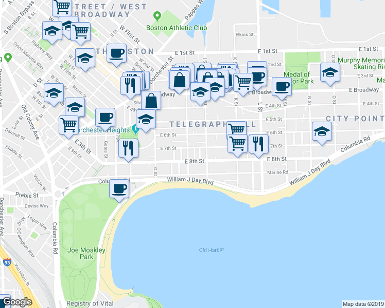 map of restaurants, bars, coffee shops, grocery stores, and more near 500-A East 8th Street in Boston