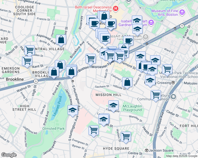 map of restaurants, bars, coffee shops, grocery stores, and more near 171 Hillside Street in Boston