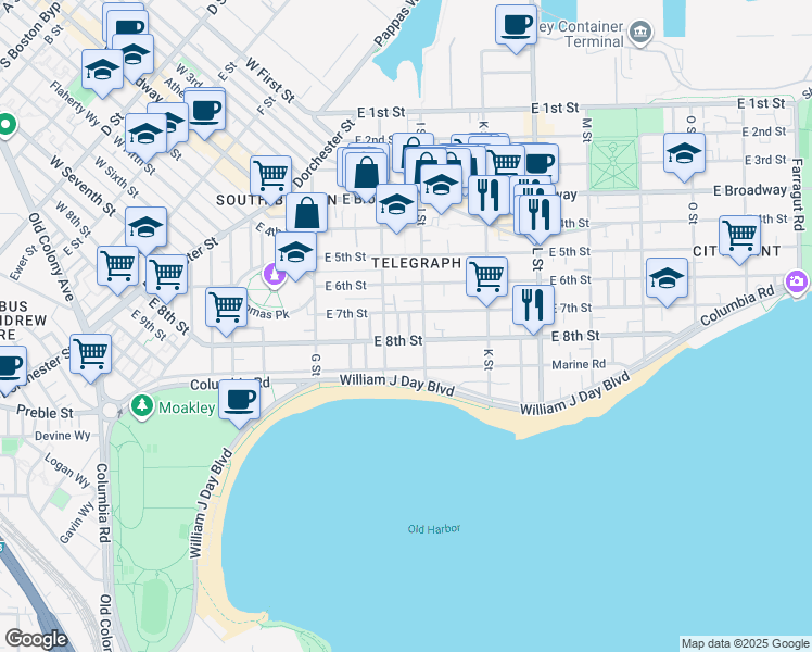 map of restaurants, bars, coffee shops, grocery stores, and more near 540 East 8th Street in Boston
