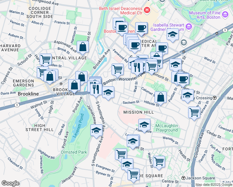 map of restaurants, bars, coffee shops, grocery stores, and more near 11 Sunset Street in Boston