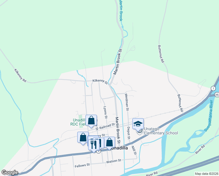 map of restaurants, bars, coffee shops, grocery stores, and more near 91 Martin Brook Street in Unadilla
