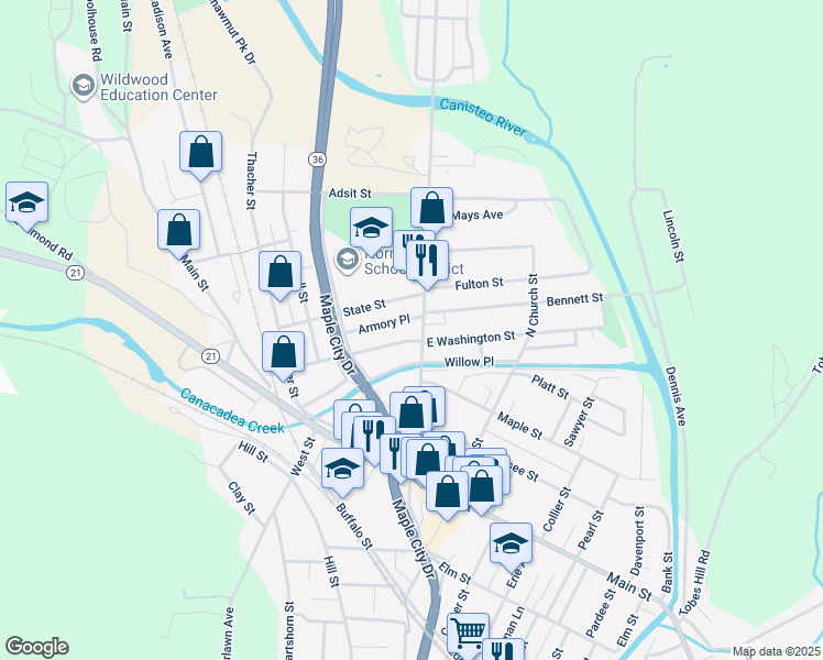 map of restaurants, bars, coffee shops, grocery stores, and more near 100 Seneca Street in Hornell