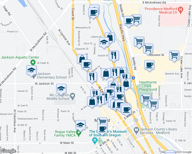 map of restaurants, bars, coffee shops, grocery stores, and more near 600 North Central Avenue in Medford
