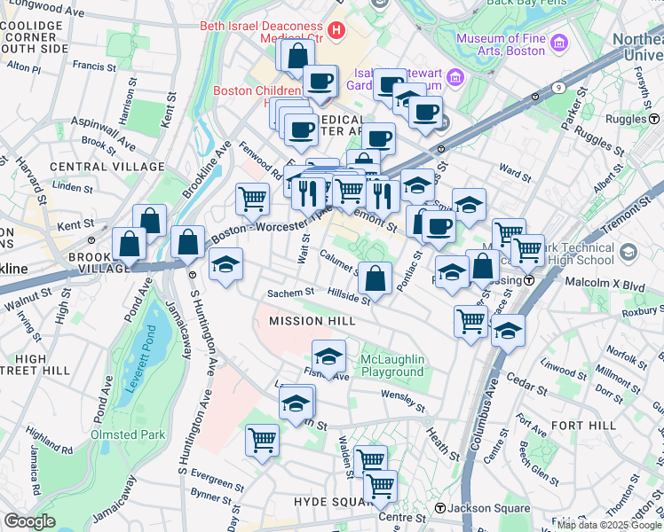 map of restaurants, bars, coffee shops, grocery stores, and more near 5 Oswald Street in Boston