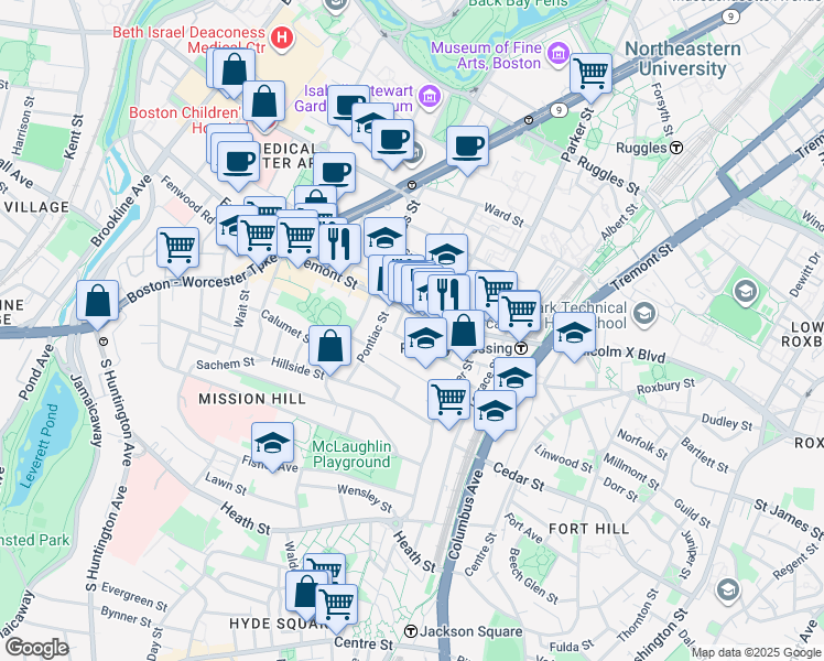 map of restaurants, bars, coffee shops, grocery stores, and more near 11 Burney Street in Boston