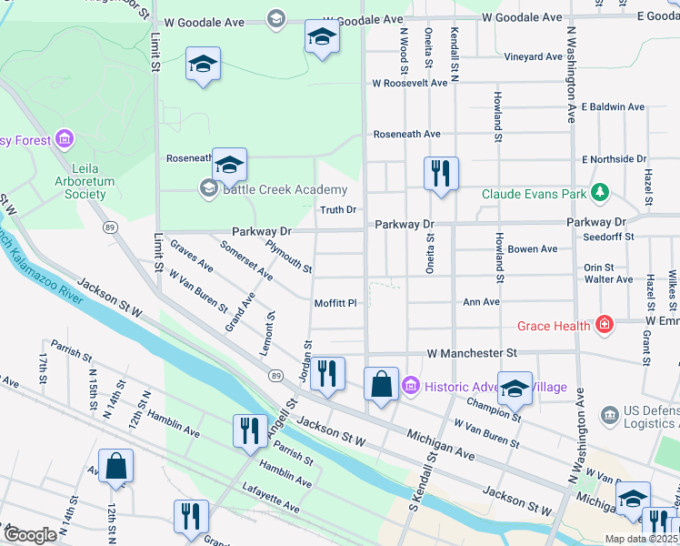 map of restaurants, bars, coffee shops, grocery stores, and more near 246 Greenwood Avenue in Battle Creek